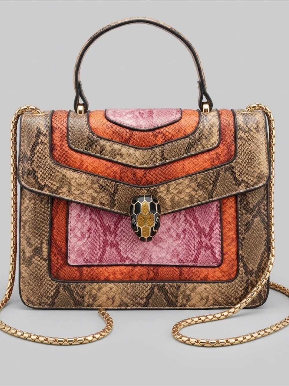 Multicolor Faux Snake Skin Crossbody Bag with Shiny Gold Chain & Clasp Medium